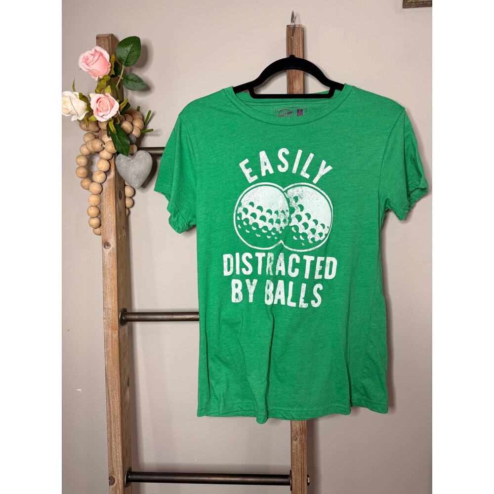 Crazy Dog Womens Short Sleeve Green Distracted Balls T Shirt Size Medium